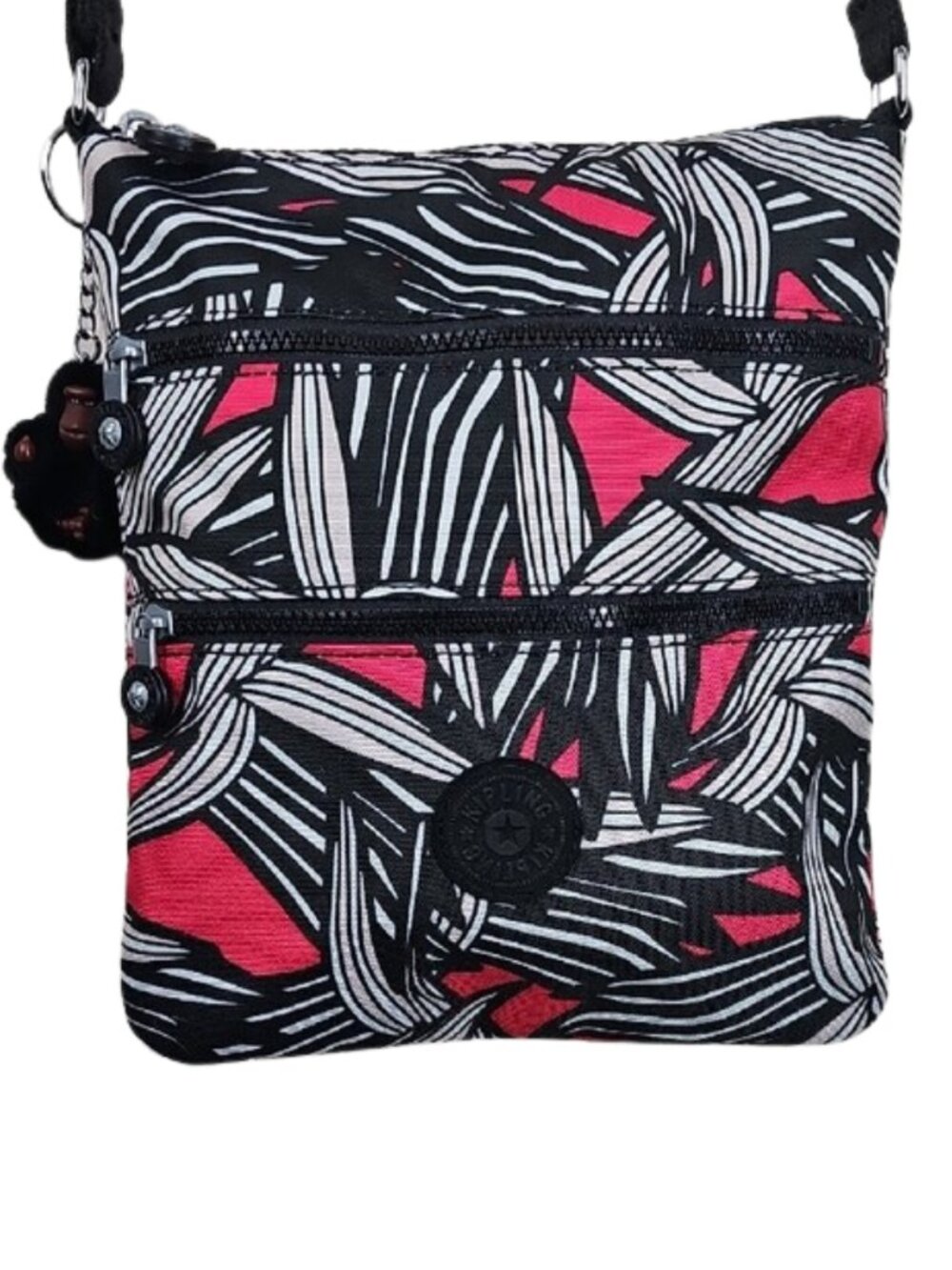 Kipling Keiko Mini Crossbody Bag Black Pink Palm Leaf Print with Monkey Charm